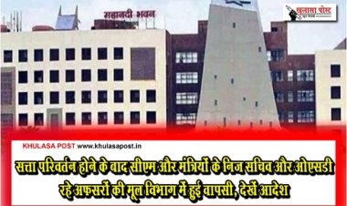 CG BREAKING : सत्ता परिवर्तन होने के बाद सीएम और मंत्रियों के निज सचिव और ओएसडी रहे अफसरों की मूल विभाग में हुई वापसी, देखें आदेश