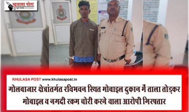 CG News : गोलबाजार क्षेत्रांतर्गत रविभवन स्थित मोबाइल दुकान में ताला तोड़कर मोबाइल व नगदी रकम चोरी करने वाला आरोपी गिरफ्तार