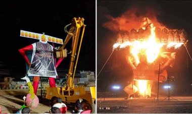 दशहरा की पहले आधी रात 40 फीट रावण के पुतले को किया आग के हवाले, सरकारी गाड़ी में भी लगाई आग. हिरासत में आरोपी