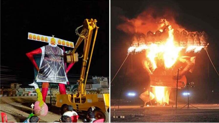 दशहरा की पहले आधी रात 40 फीट रावण के पुतले को किया आग के हवाले, सरकारी गाड़ी में भी लगाई आग. हिरासत में आरोपी