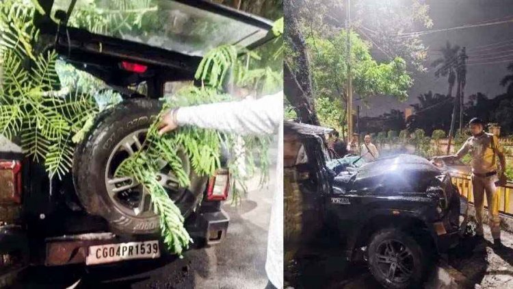 डिवाइडर से टकराई पेड़ से टकराई तेज रफ्तार महिंद्रा थार, हादसे में 5 युवक घायल, 2 की हालत नाजुक, गाड़ी का बोनट चकनाचूर