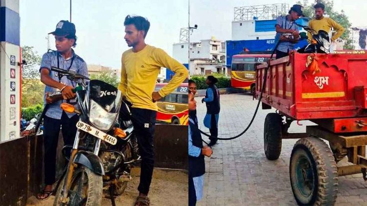 बोतल-जर्किन बैन तो निकाला देसी जुगाड़, बाइक में पेट्रोल खत्म, ट्रैक्टर ट्रॉली में लादकर पहुंचा पंप, वीडियो जमकर वायरल, इलाके में चर्चा का विषय