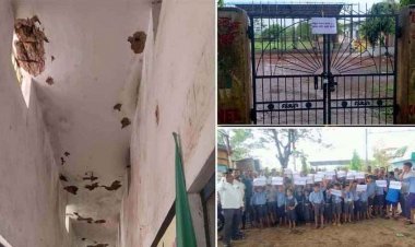 परिजनों और छात्रों ने स्कूल गेट पर जड़ा ताला, छप्पर के नीचे पढ़ने को मजबूर मासूम, शिक्षा व्यवस्था की बदहाली के खिलाफ फूटा गुस्सा, मिला आश्वासन
