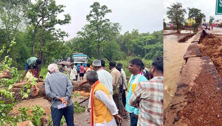 आधी रात कोदोमाली के पास सड़क पर गिरा विशाल पेड़, श्यामनगर में नेशनल हाईवे की सड़क धंसी, मातागढ़ तुरतुरिया धाम में बाढ़, लगा लंबा जाम
