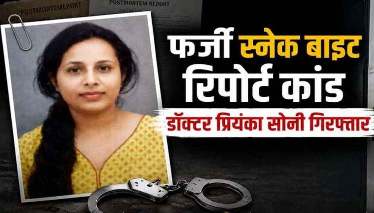 स्नेक बाइट से मौत!, महिला डॉक्टर प्रियंका सोनी गिरफ्तार, फर्जी पोस्टमार्टम रिपोर्ट से मुआवजा दिलाने का आरोप, जांच के घेरे में कई डॉक्टर, मुख्य आरोपी फरार